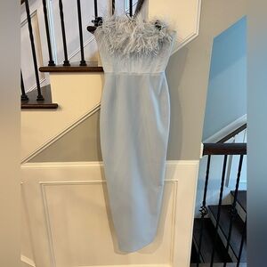 Elegant Blue Feather-Trimmed Dress
